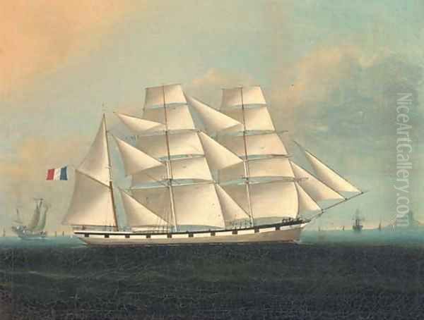 A French barque in the company of a deep water junk Oil Painting by Lai Fong