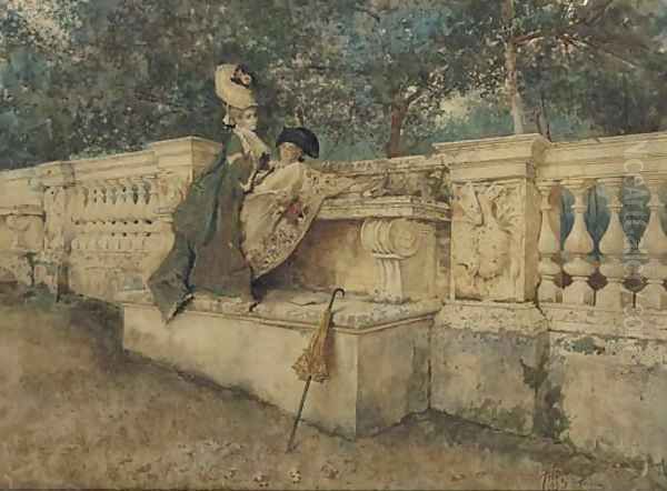 Flirtation on a stone balustrade Oil Painting by Giovanni Battista Filosa