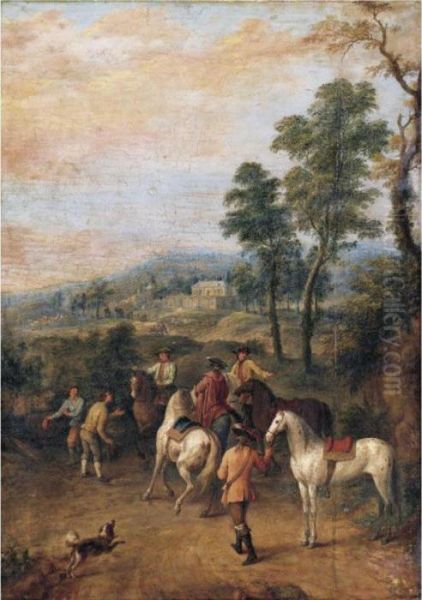 A View Of A Country Estate With Elegant Horseman In The Foreground Oil Painting by Jan Peeter Verdussen