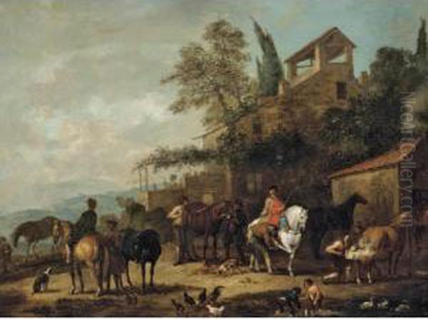 Cavaliers At A Blacksmith's Forge With A Horse Being Shod Oil Painting by Jan Peeter Verdussen