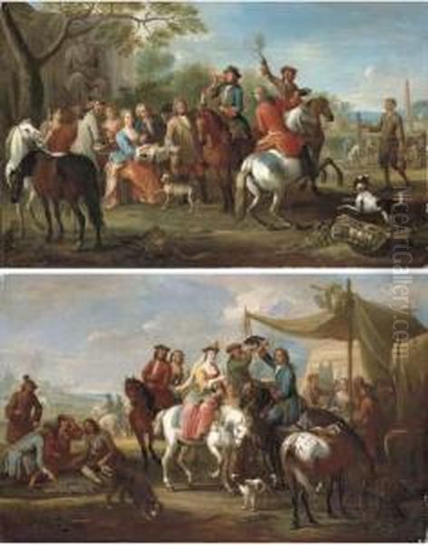 An Elegant Hunting Party By A 
Sutler's Booth, A Landscape Beyond; And An Elegant Hunting Party At Rest
 In A Park Landscape Oil Painting by Jan Peeter Verdussen