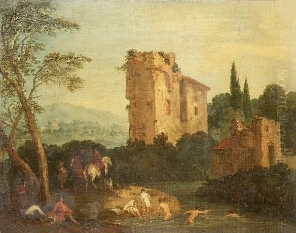 Men Bathing In A River With Riders, A Ruined Castle Beyond Oil Painting by Jan Peeter Verdussen