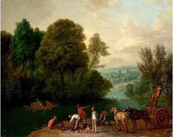 Pecheurs En Barque, Remontant 
Leur Filet, Tandis Que D'autres, Sur La Berge De La Riviere, Tiennent 
Leurs Prises. Oil Painting by Jan Peeter Verdussen