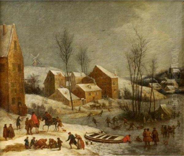 Winter Landscape With Numerous Figures Skating Near A Village Oil Painting by Jan Peeter Verdussen