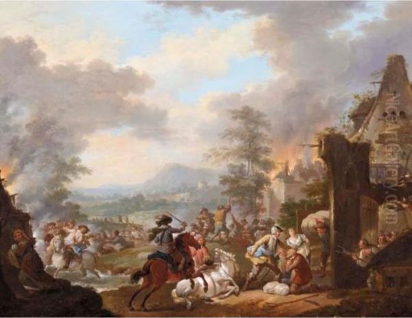 A Battle Scene With A Village Being Sacked Oil Painting by Jan Peeter Verdussen