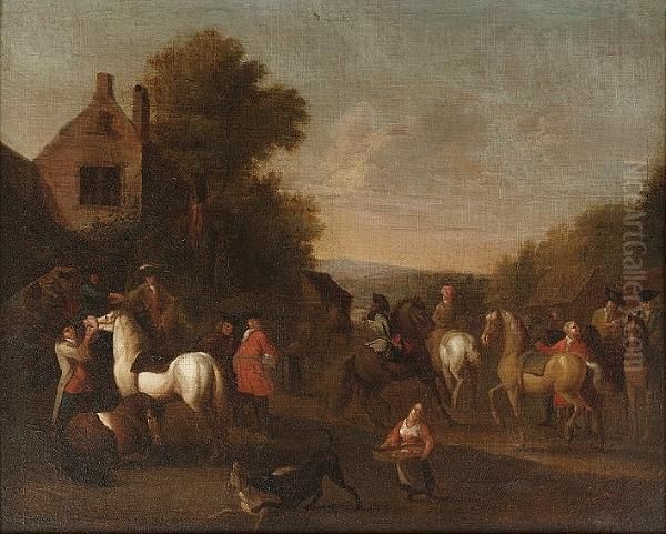 Peasants And Horsemen In A Village Street Oil Painting by Jan Peeter Verdussen