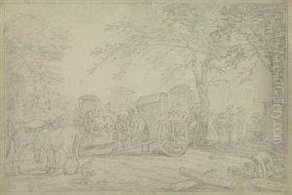 Two Pencil Drawings.
Landscape With Travelers At Rest Oil Painting by Jan Peeter Verdussen