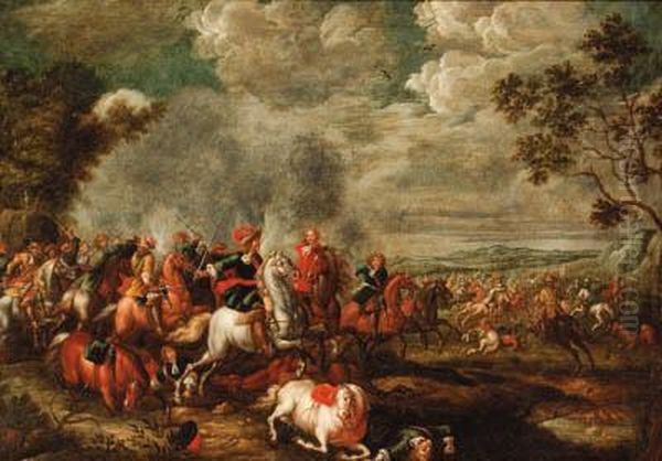 A Cavalry Battle Oil Painting by Jan Peeter Verdussen