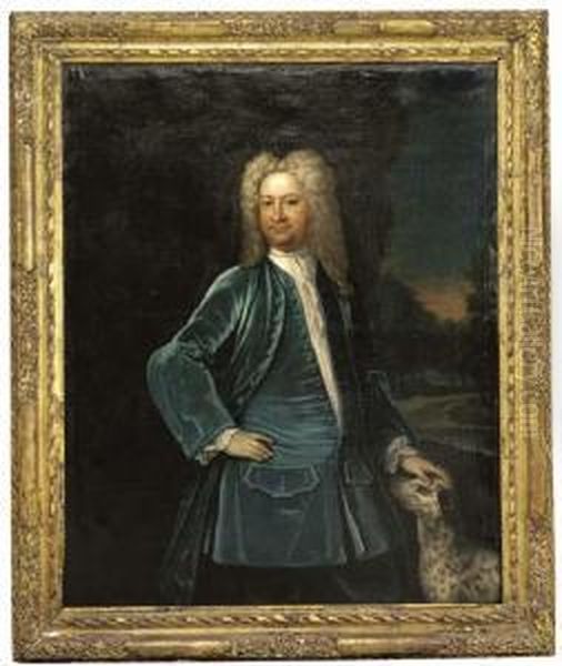 Portrait Of Ezekiel Wallis, 
Three-quarter-length, In A Blue Coatand Waistcoat, A Dog By His Side Oil Painting by Johannes or Jan Verelst