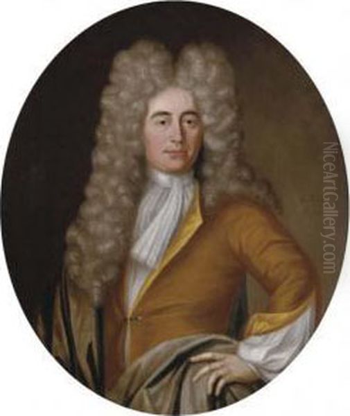 Portrait Of Samuel Iveson, Three-quarter-length, In A Yellowcoat Oil Painting by Johannes or Jan Verelst