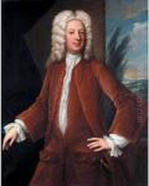 Portrait Of Richard Marriott Of 
Alscot Park, Gloucestershire (d.1744), Three-quarter Length Standing, 
Wearing A Brown Coat, A Sword At His Side Oil Painting by Johannes or Jan Verelst