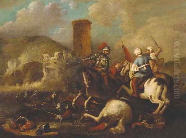 A cavalry battle between Christians and Turks near a fort Oil Painting by Aniello Falcone