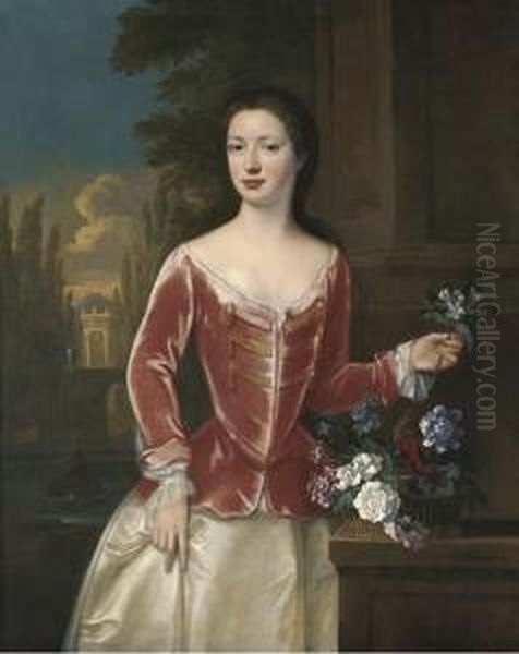 Portrait Of A Lady, 
Three-quarter-length, In A Pink Bodice Andoyster Satin Skirt, Holding A 
Sprig Of Orange Blossom In Her Lefthand, A Basket Of Flowers On A Ledge 
Beside Her, An Italianategarden With A Fountain And A Classical Building
 Beyond Oil Painting by Johannes or Jan Verelst