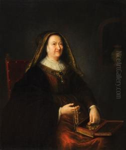 Portrait Of An Oldwoman Seated On A Red Chair Counting Coins Oil Painting by Pieter Harmensz Verelst