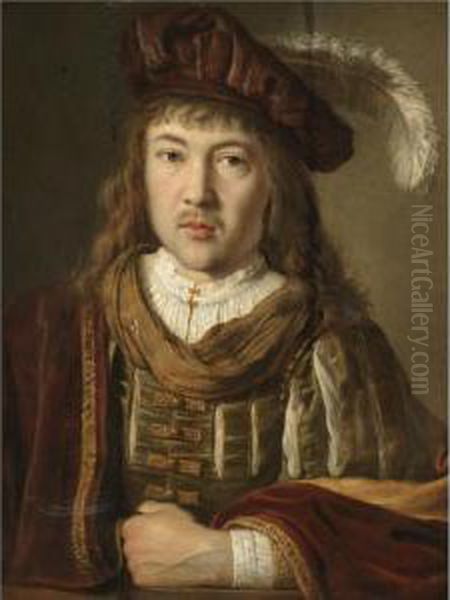 A Portrait Of A Young Man In A Velvet Coat And Plumed Hat Oil Painting by Pieter Harmensz Verelst