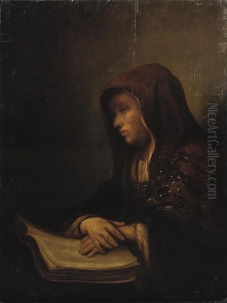 An Old Woman Seated At A Table With Her Hands Resting On An Open Book Oil Painting by Pieter Harmensz Verelst