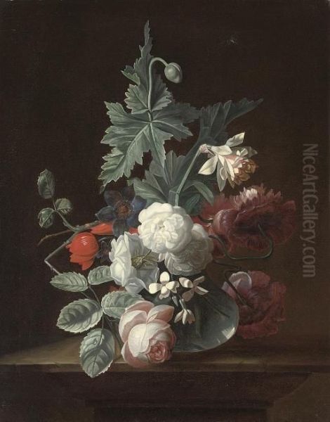 Roses, An Anemone, Jasmine, Poppies And A Narcissus In A Glass Vase On A Stone Ledge Oil Painting by Pieter Harmensz Verelst