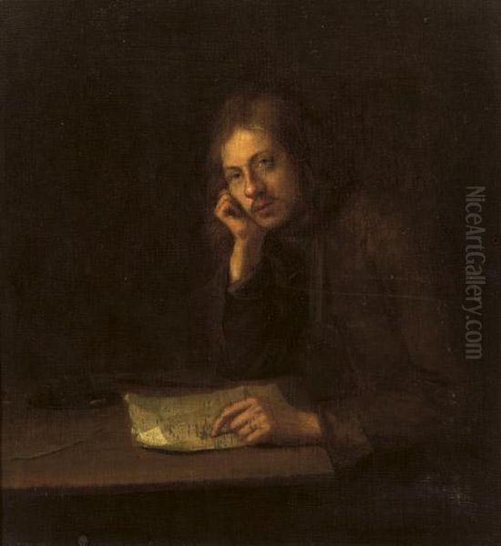 A Man Seated At A Table Pointing To A Letter Oil Painting by Pieter Harmensz Verelst