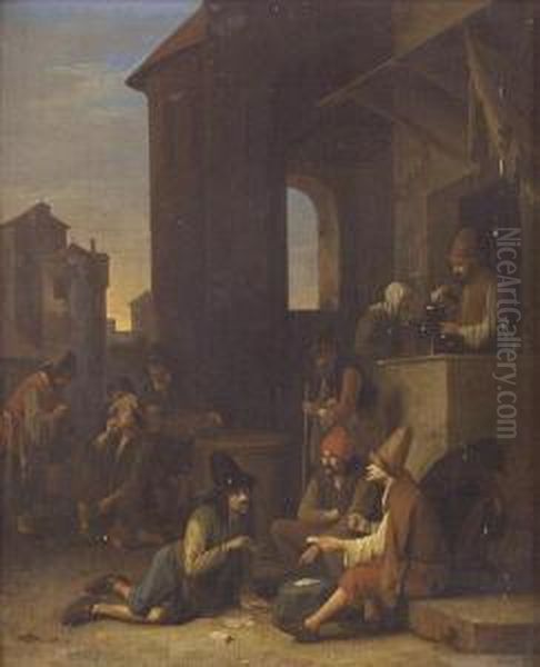 Peasants Playing Cards Before A Tavern Oil Painting by Pieter Harmensz Verelst