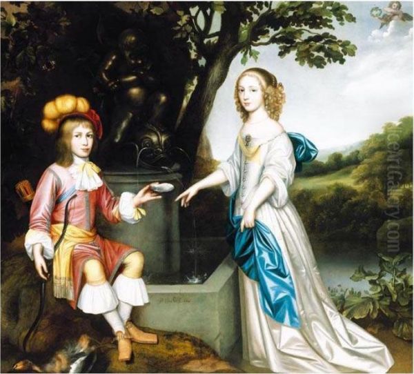 Portrait Of A Young Man Offering
 A Drink To A Young Lady Standing By A Fountain, A Landscape Beyond Oil Painting by Pieter Harmensz Verelst