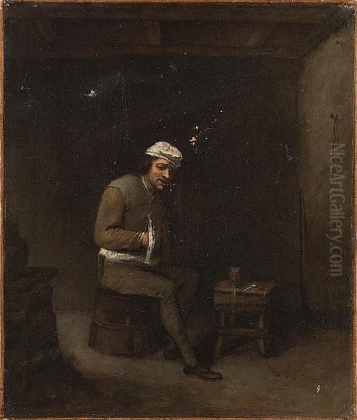 A Peasant Seated In An Interior At A Table With A Jug And A Pipe Oil Painting by Pieter Harmensz Verelst