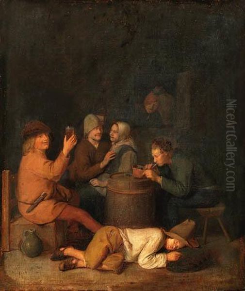 Boors Drinking And Smoking In An Interior Oil Painting by Pieter Harmensz Verelst