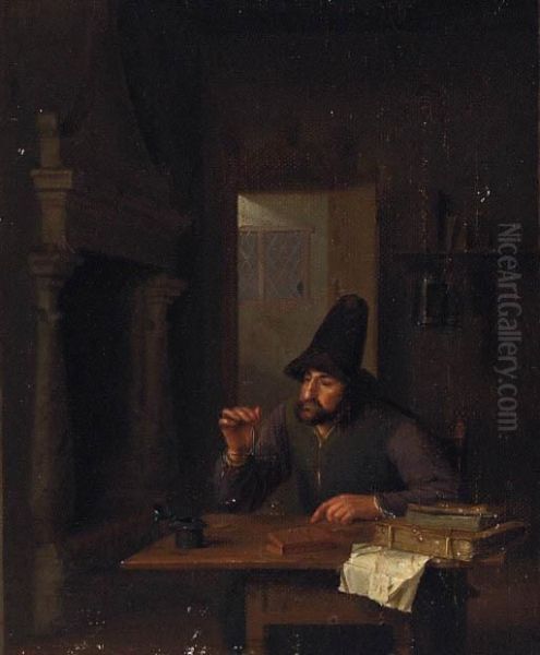 A Man Weighing Gold In An Interior Oil Painting by Pieter Harmensz Verelst