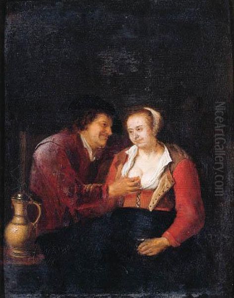 A Vanitas: A Boor Courting A Maid In A Tavern, Surprised Bydeath Oil Painting by Pieter Harmensz Verelst