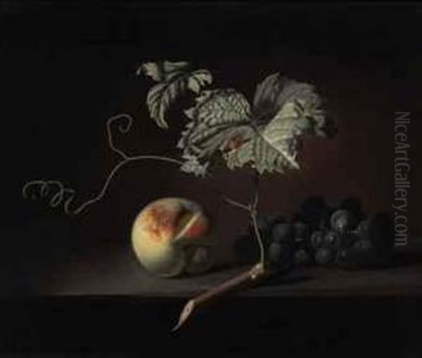 A Peach And Grapes On A Ledge Oil Painting by Simon Pietersz. Verelst