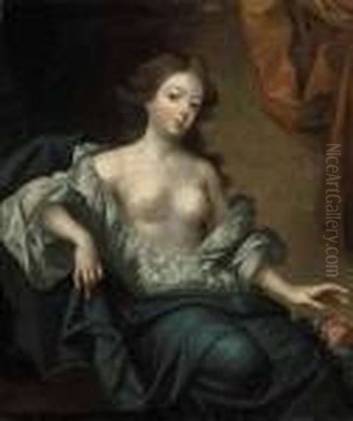 Portrait Of Nell Gwyn 
(1650-1687), Actress And Mistress Of Kingcharles Ii Of England, 
Three-quarter-length, Seated, In A Whitechemise And A Blue Mantle, With A
 Flowermantle, With A Flower Oil Painting by Simon Pietersz. Verelst