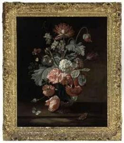 Roses, Parrot Tulips And Other Flowers In A Glass Jar On A Ledge With Butterflies Oil Painting by Simon Pietersz. Verelst