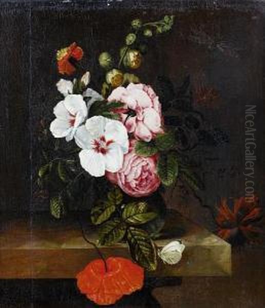 Roses, Tulips And Other Flowers 
In A Glassvase On A Table Top, With A Butterfly And A Dragonfly Oil Painting by Simon Pietersz. Verelst