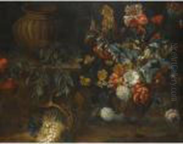 Still Life With A Large Vase Of 
Flowers, An Empty Urn On A Stoneplinth And A Basket Of Flowers Oil Painting by Simon Pietersz. Verelst