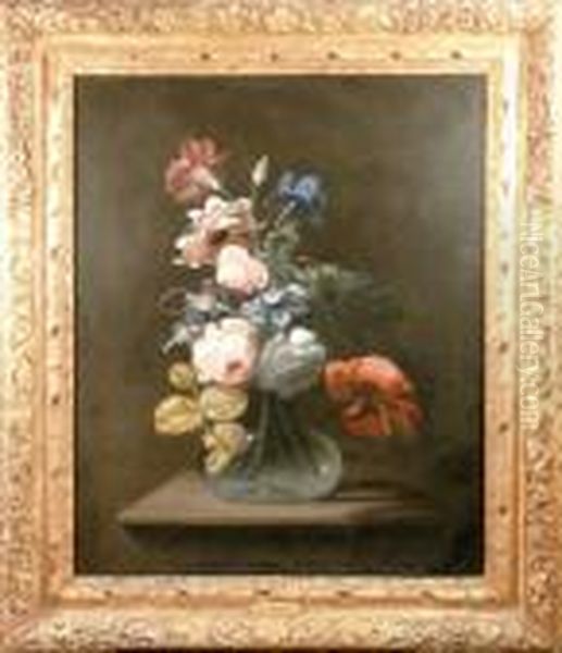 A Still Life Of Flowers In A Glass Vase On A Stone Pedestal Oil Painting by Simon Pietersz. Verelst