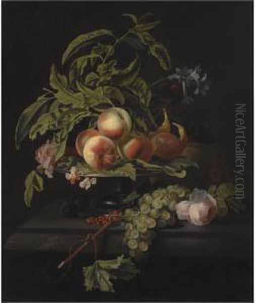 Still Life With Peaches And Figs
 On A Pewter Platter, Grapes And A Rose On The Marble Ledge Beneath Oil Painting by Simon Pietersz. Verelst