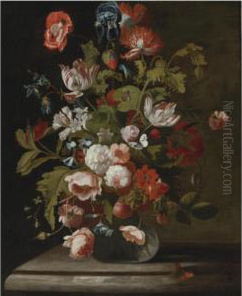 Still Life Of Roses, Tulips, An 
Iris And Other Flowers, In A Glassvase, Resting On A Table Oil Painting by Simon Pietersz. Verelst