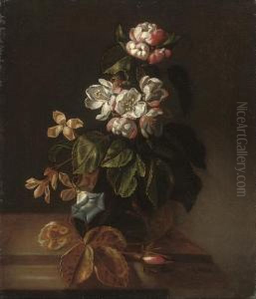 Blossom, Convolvulus And Other Flowers In A Glass Vase On A Woodenledge by Simon Pietersz. Verelst