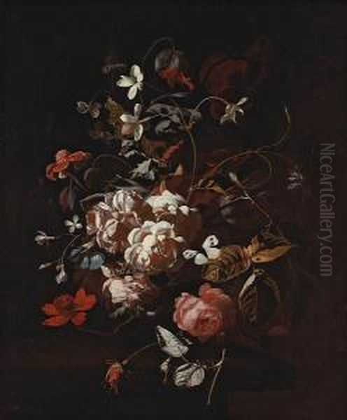 Roses, Tulips, Carnations, A Butterfly Andother Flowers In A Vase On A Table Oil Painting by Simon Pietersz. Verelst