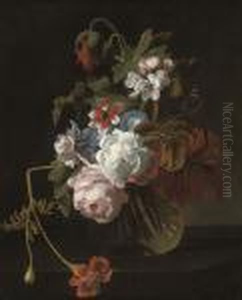 Roses, Chrysanthemums, Morning Glory And Other Flowers In A Glassvase With A Butterfly Oil Painting by Simon Pietersz. Verelst