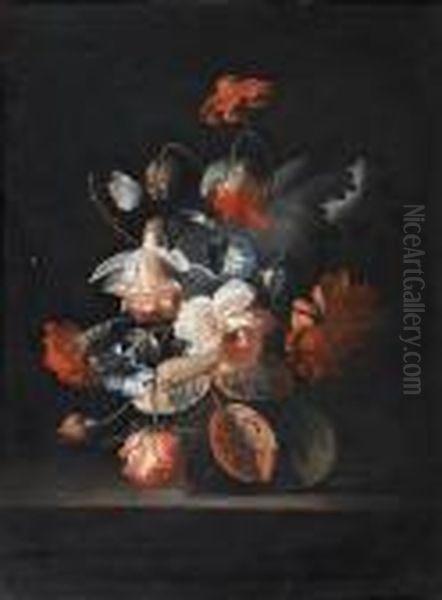 Poppies, Roses, Carnations And Other Flowers In A Glass Vase On A Stone Ledge Oil Painting by Simon Pietersz. Verelst