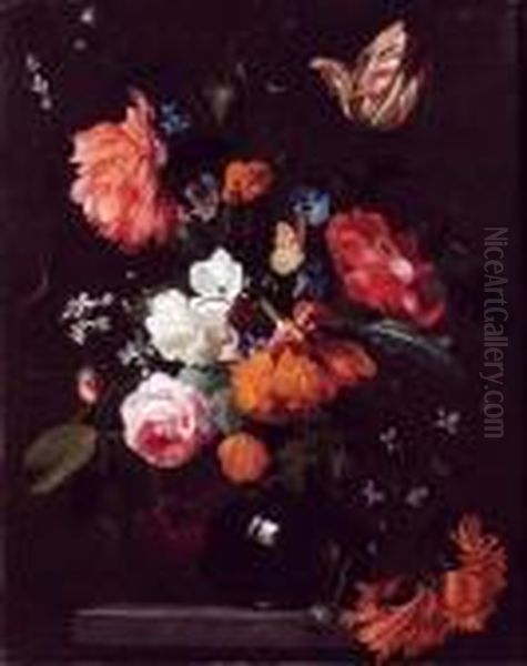 Vase De Roses, Tulipes Et Autres Fleurs Sur Un Entablement Oil Painting by Simon Pietersz. Verelst