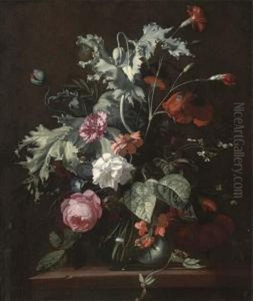 Roses, Morning Glory And Other Flowers In A Glass Vase On A Woodedledge Oil Painting by Simon Pietersz. Verelst