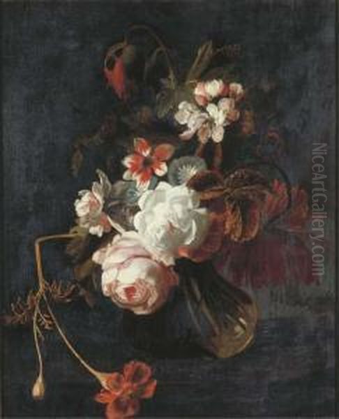 Roses, Poppies, Chrysanthamums, 
Apple Blossom, And Other Summerflowers In A Glass Vase With A Butterfly Oil Painting by Simon Pietersz. Verelst