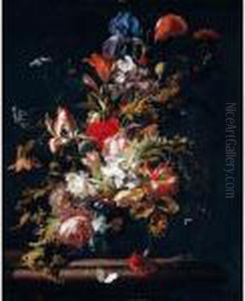 A Still Life Of Blooms Of Lily, 
Rose, Poppy, Peony, Iris, Narcissus, Carnation, Convolvulus And Other 
Flowers, With Sprays Of Cow Parsley, In A Chinese Porcelain Vase On A 
Marble Ledge Oil Painting by Simon Pietersz. Verelst