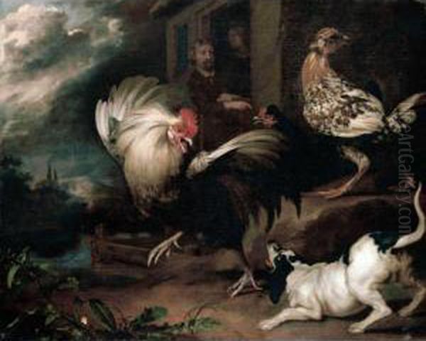 A Cock Baiting Scene Outside A Cottage Oil Painting by Simon Pietersz. Verelst