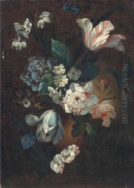 Parrot Tulips, Chrysanthemums, Morning Glory And Other Mixedflowers In An Urn Oil Painting by Simon Pietersz. Verelst