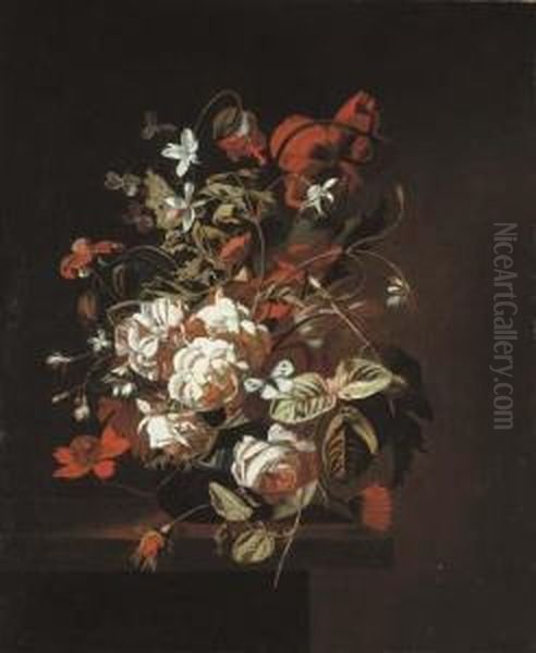 Jasmine, Roses, Poppies And Other Flowers And A Butterfly In Aglass Vase On A Ledge Oil Painting by Simon Pietersz. Verelst