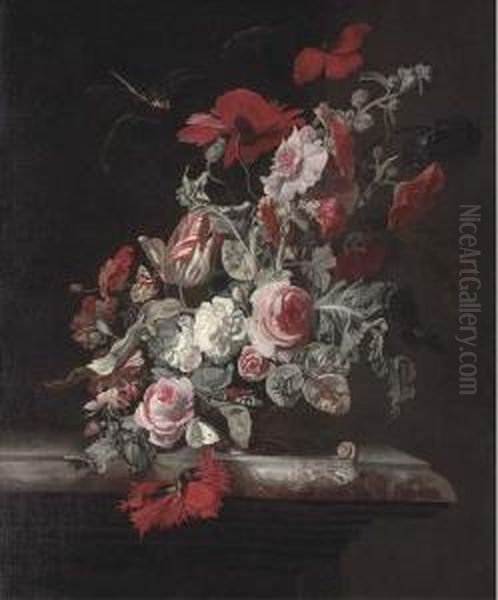 Roses, A Parrot Tulip, Poppies, 
Carnations And Other Flowers In Anurn With A Dragonfly, Butterflies And A
 Snail On A Marbleledge Oil Painting by Simon Pietersz. Verelst