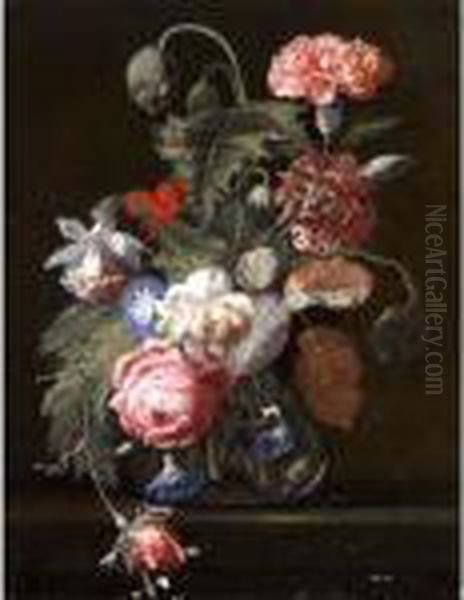 Still Life With Carnations, Roses, Poppies And Other Flowers In A Vase Oil Painting by Simon Pietersz. Verelst