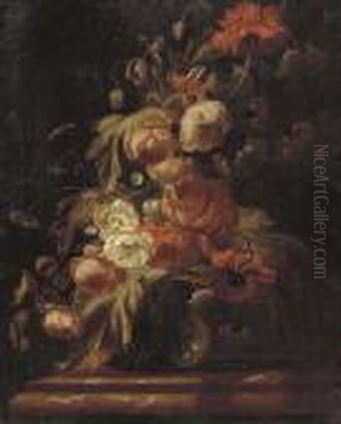 Roses, Carnations, Peonies And Other Flowers In A Vase On A Marbletabletop Oil Painting by Simon Pietersz. Verelst